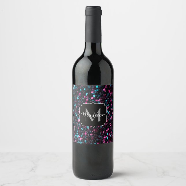 Rótulo Para Garrafa De Vinho Minigrama azul cinzenta do mosaico brilhante Monog (Frente)