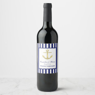 Rótulo Para Garrafa De Vinho Moldura Azul Naval Âncora Dourada 2, Listra Branca