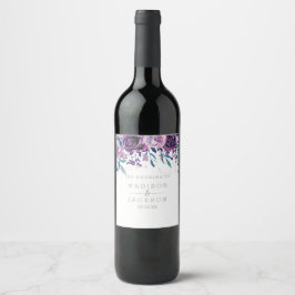 Rótulo Para Garrafa De Vinho Monograma de Casamento Floral e Silver Púrpura Chi