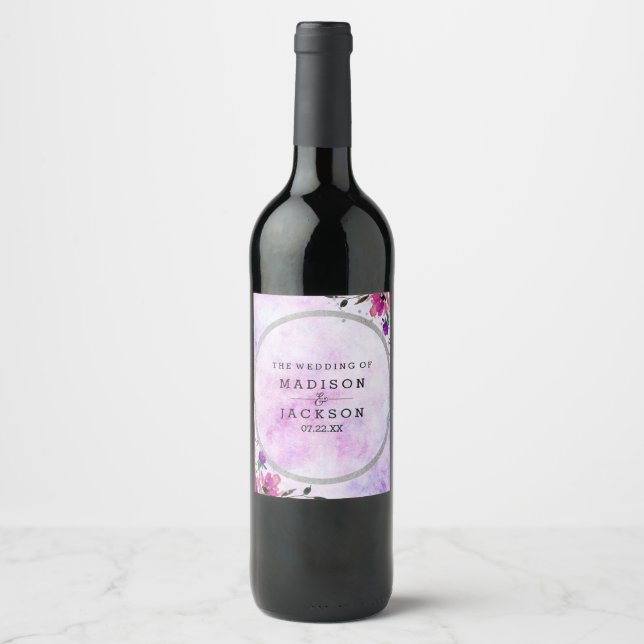 Rótulo Para Garrafa De Vinho Monograma de Casamento Floral e Silver Púrpura Chi (Frente)