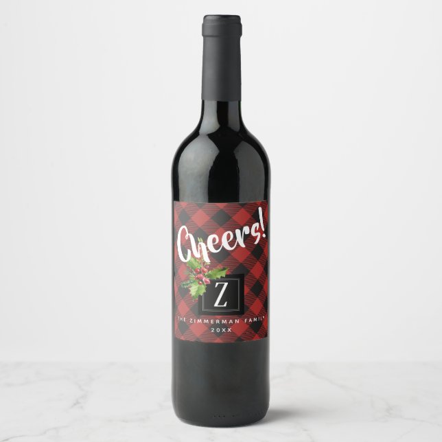 Rótulo Para Garrafa De Vinho Monograma de Natal da Xadrez de Buffalo Vermelha e (Frente)