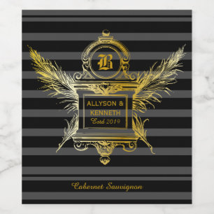 Rótulo Para Garrafa De Vinho Monograma de Quadro Dourado Clássico de Penas de Q