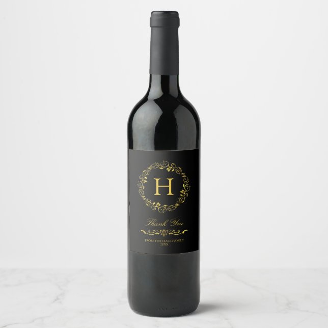 Rótulo Para Garrafa De Vinho Monograma Dourado Vintage (Frente)