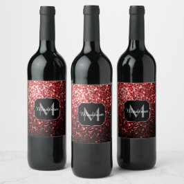 Rótulo Para Garrafa De Vinho Monograma Glamour com brilho Falso Vermelho Escuro