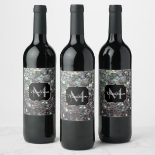 Rótulo Para Garrafa De Vinho Monograma mosaico prateado colorido brilhante