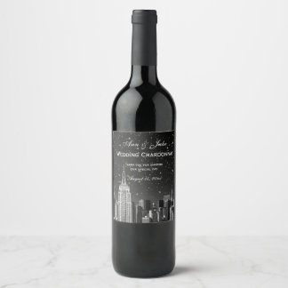 Rótulo Para Garrafa De Vinho NYC Skyline Etchou #2 Gradiente Preto Estrelado BG