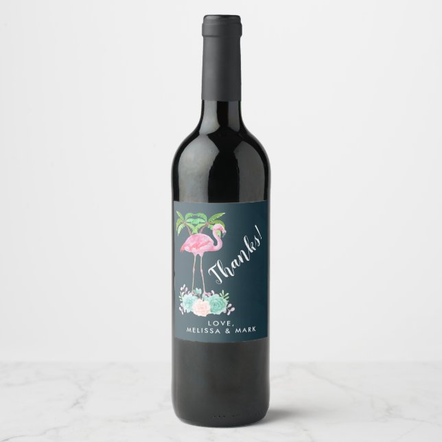 Rótulo Para Garrafa De Vinho Palmeiras Flamingo Rosa e Sucultivos Florais (Frente)