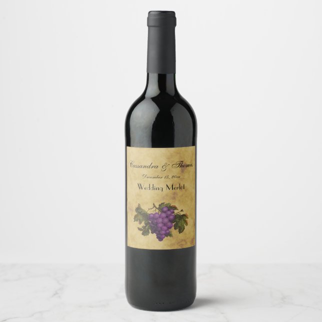Rótulo Para Garrafa De Vinho Penca de Uvas Roxas Fundo Envelhecido com Chá Dist (Frente)