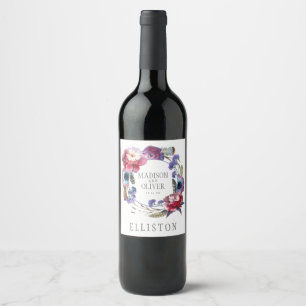 Rótulo Para Garrafa De Vinho Peônia do Wildflower floral com penas que