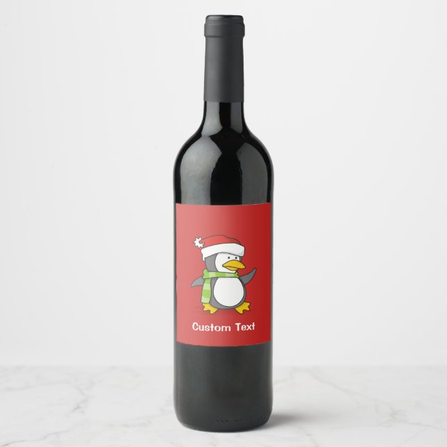 Rótulo Para Garrafa De Vinho Pinguim de Natal andando na neve (Frente)