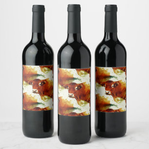 Rótulo Para Garrafa De Vinho Pintura de Vaca Vermelha