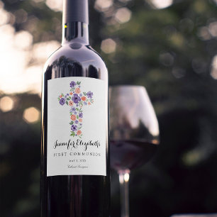 Rótulo Para Garrafa De Vinho Primeiro comunhão da cruz roxa da flor da aguarel
