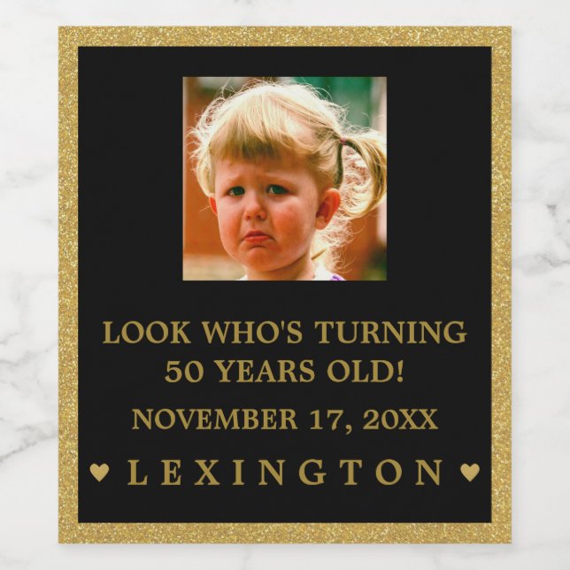 Rótulo Para Garrafa De Vinho Raparigas Foto de Aniversário Dourada Brilhante (Rótulo Único)