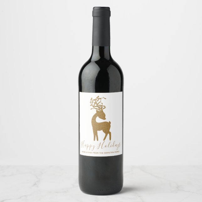 Rótulo Para Garrafa De Vinho Rena de Natal Brilhante a Dourado (Frente)