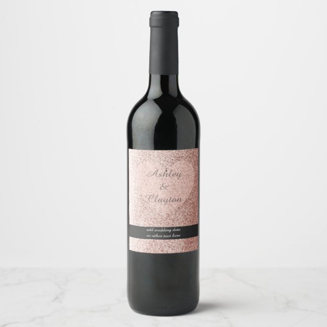 Rótulo Para Garrafa De Vinho Rosa Dourado Falso Brilho Coração (Frente)