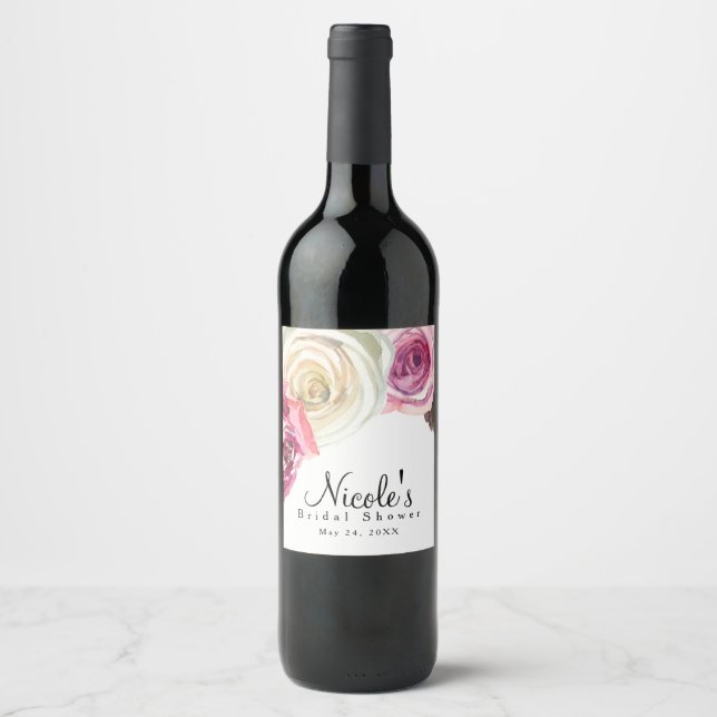 Rótulo Para Garrafa De Vinho Rosas de aquarela Chá de panela branco e rosa (Frente)
