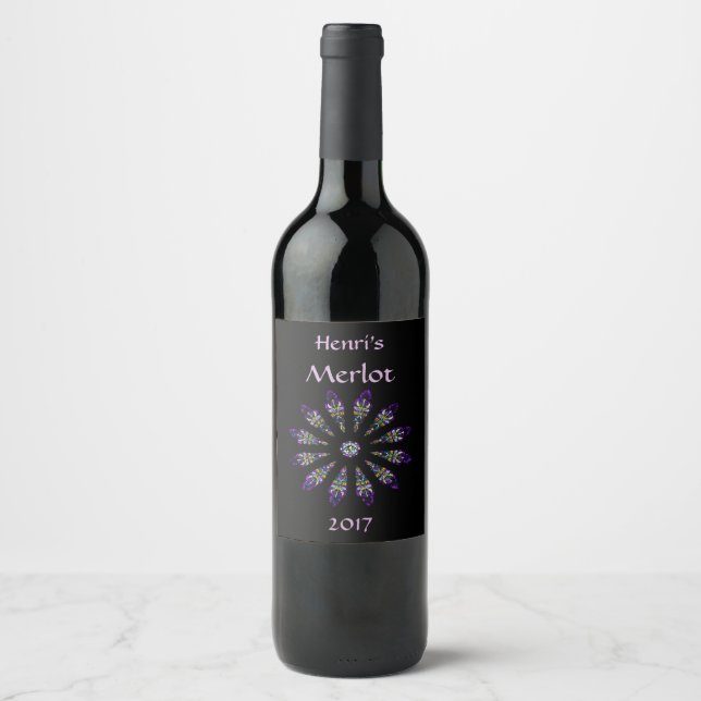 Rótulo Para Garrafa De Vinho Rótulo de Vinho de Vidro Negro e Roxo de Mandala (Frente)