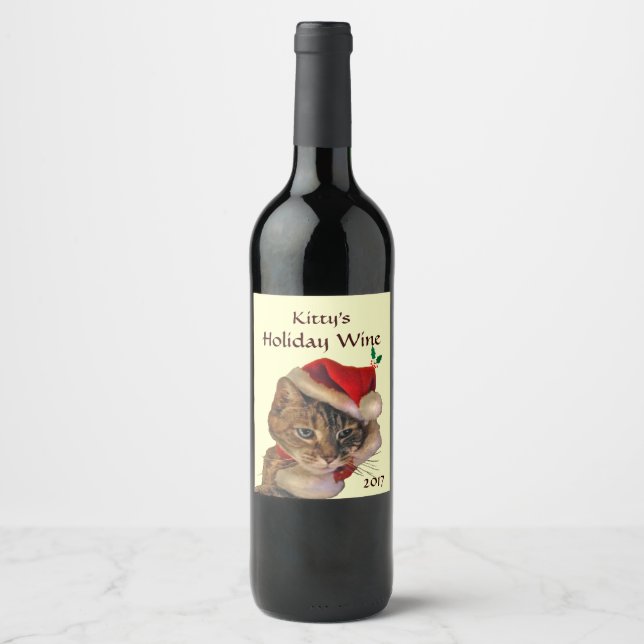 Rótulo Para Garrafa De Vinho Rótulo do Vinho de Natal do Gatinho papai noel (Frente)