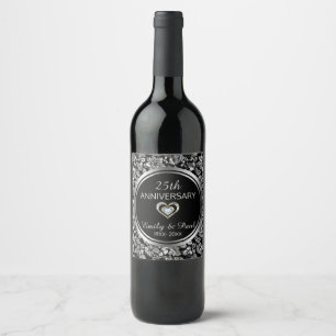 Rótulo Para Garrafa De Vinho Silver Floral Damask - Aniversário do 25