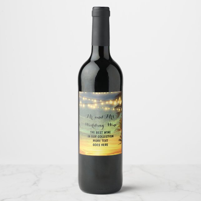 Rótulo Para Garrafa De Vinho String Lights Palms Beach Weding (Frente)