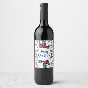 Rótulo Para Garrafa De Vinho Teste padrão azul vermelho das bagas do azevinho