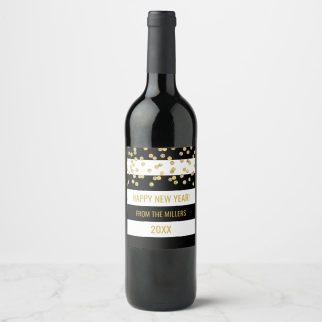 Rótulo Para Garrafa De Vinho Vinho de Ano Novo Personalizado de Confetti Dourad (Frente)