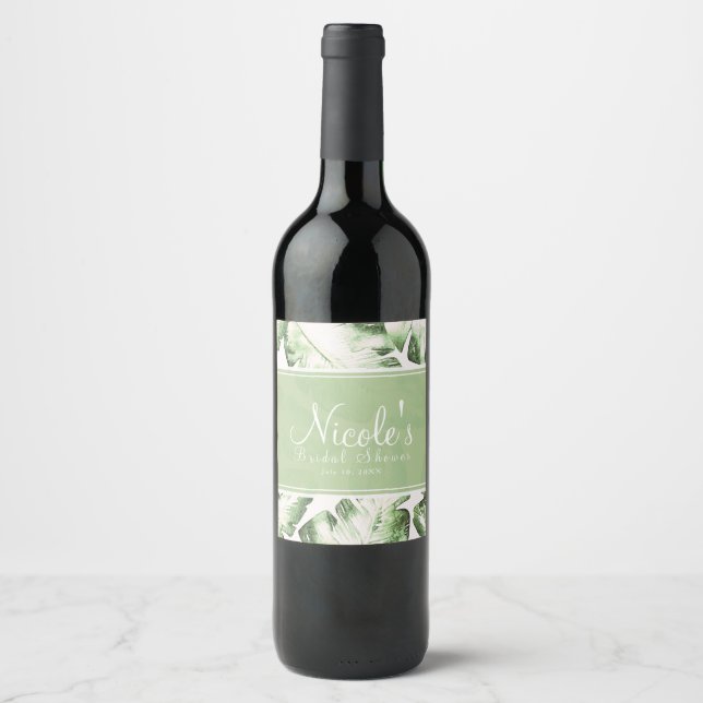Rótulo Para Garrafa De Vinho Vinho de Casamento de Folhas Tropicais Verdes Bran (Frente)