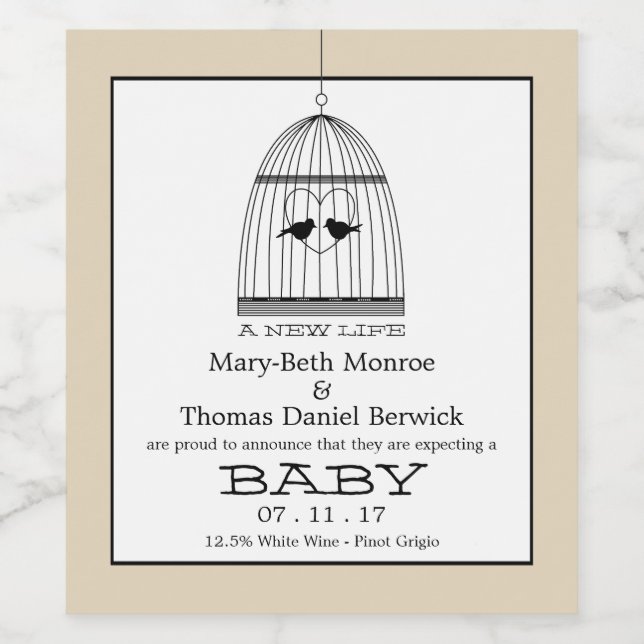 Rótulo Para Garrafa De Vinho Vintage Heart Birdcage Baby due date Anúncio (Rótulo Único)