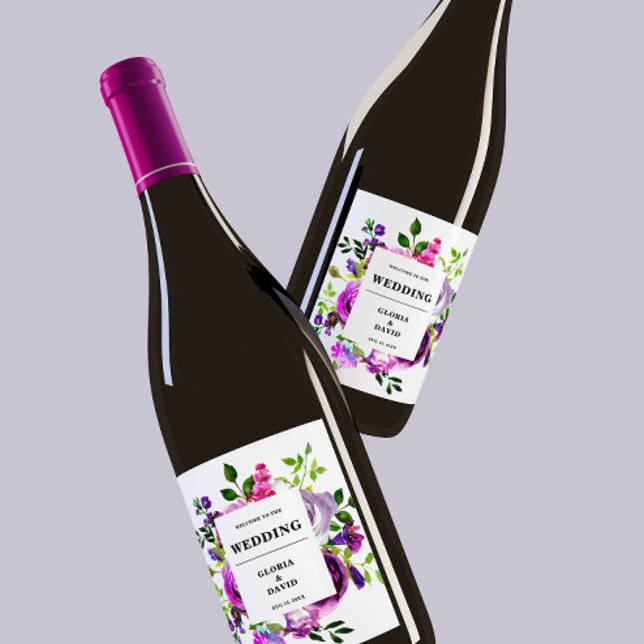 Rótulo Romântico de Vinho de Casamento Floral Roxo (Criador carregado)