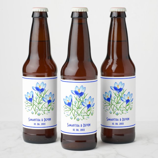 Rótulos de Cerveja Casamento Branco Crocósos Azuis (Garrafas)