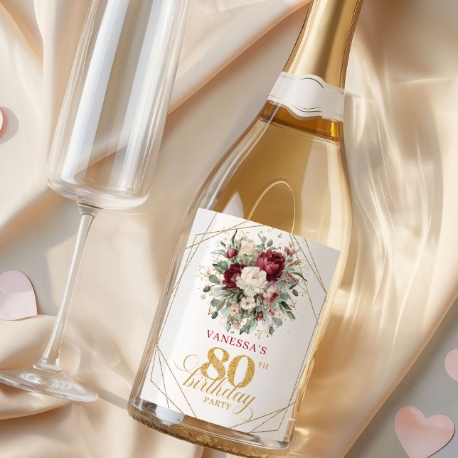 Rótulos de Champanhe de Aniversário de 80 anos Boh (Boho Blush Burgundy 80th Birthday Champagne Labels)