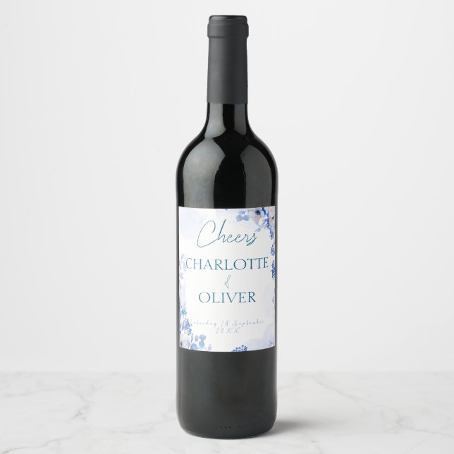 Rótulos de Garrafa de Vinho de Noiva Floral Azul E (Frente)