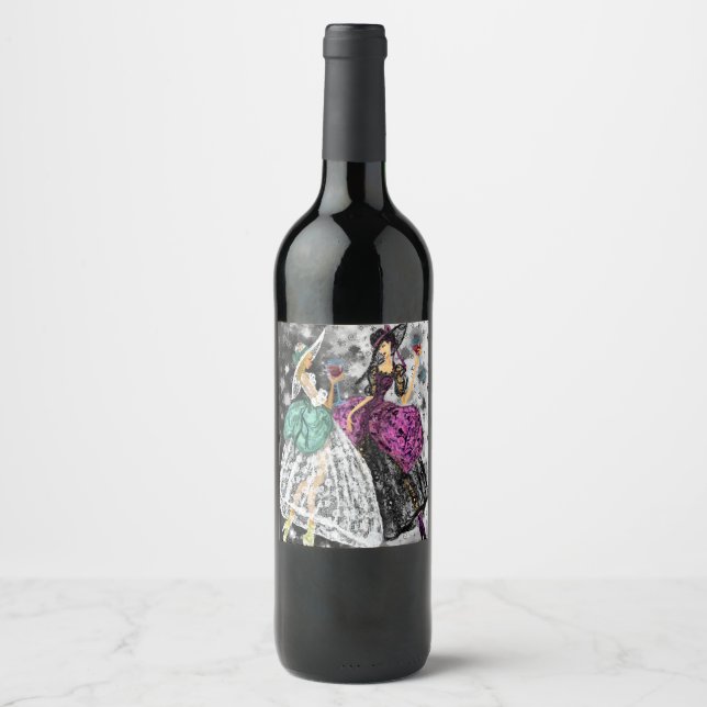 Rótulos de Garrafa de Vinho Duas Senhoras Bebendo  (Frente)