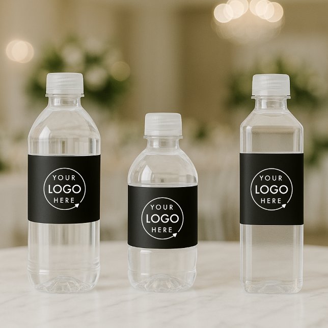 Rótulos de Garrafas de Água | Envelopamentos de Lo (Sleek black company branded water bottle label wraps for small business events & promotional swag.)