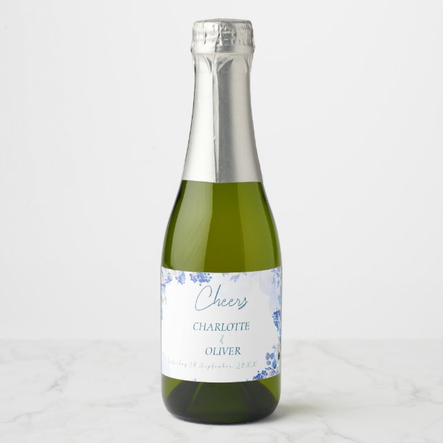 Rótulos de Mini Garrafa de Champanhe Floral Azul E (Frente)