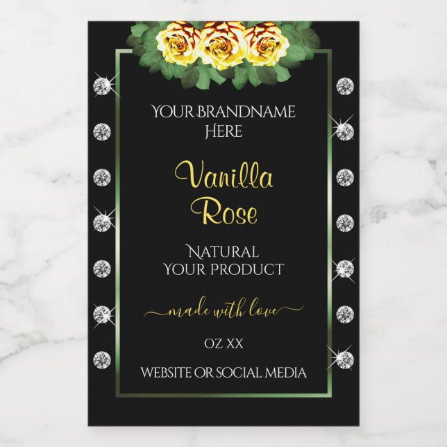 Rótulos de Produto Preto Rosas Verdes e Amarelas J (Rótulo Único)