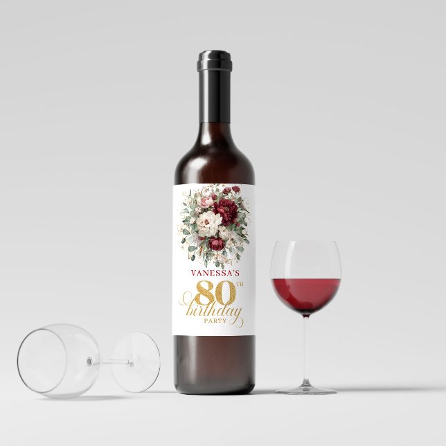 Rótulos de Vinho Artísticos Bege Burgundy para 80º (Artistic Blush Burgundy 80th Birthday Wine Labels)