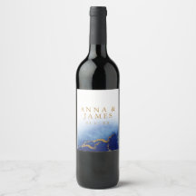 Rótulos de Vinho com Aquarela Azul e Dourado Moder