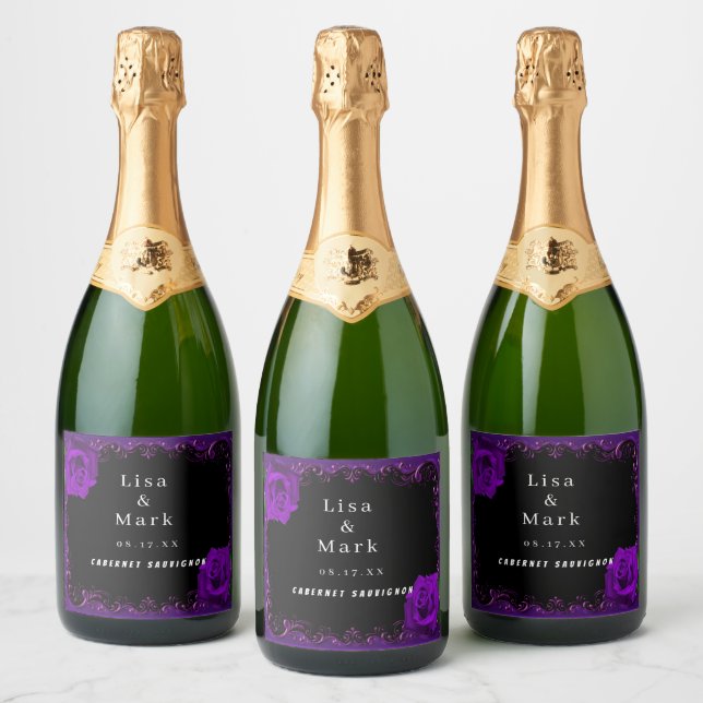Rótulos de Vinho com Rosas Roxas Góticas Elegantes (Garrafas)