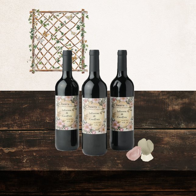 Rótulos de vinho de casamento com moldura floral r (Criador carregado)