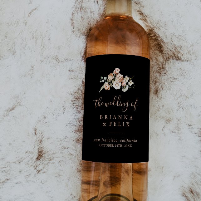 Rótulos de Vinho de Casamento Floral Real Preto (Criador carregado)