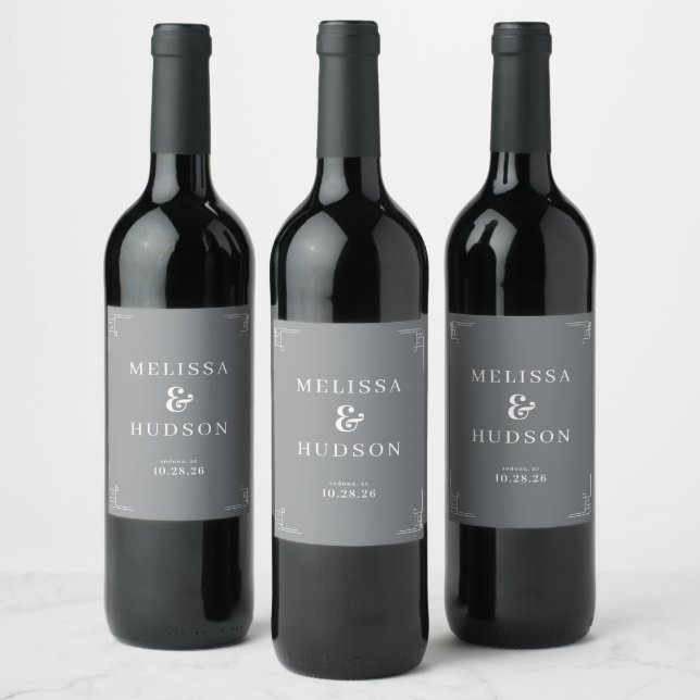 Rótulos de Vinho de Casamento Geométrico Cinza Ele (Garrafas)