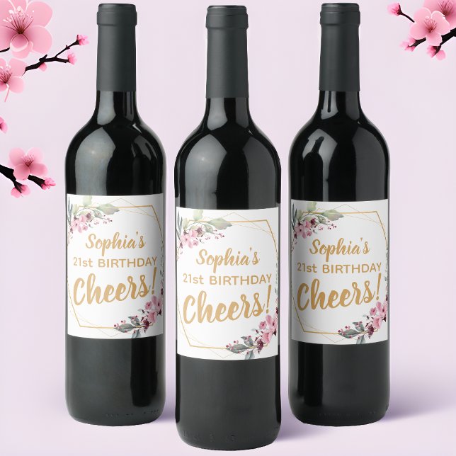 Rótulos de Vinho Elegantes para 21º Aniversário -  (Raise a Glass to the Blossoming Joy! 🌸🍷)