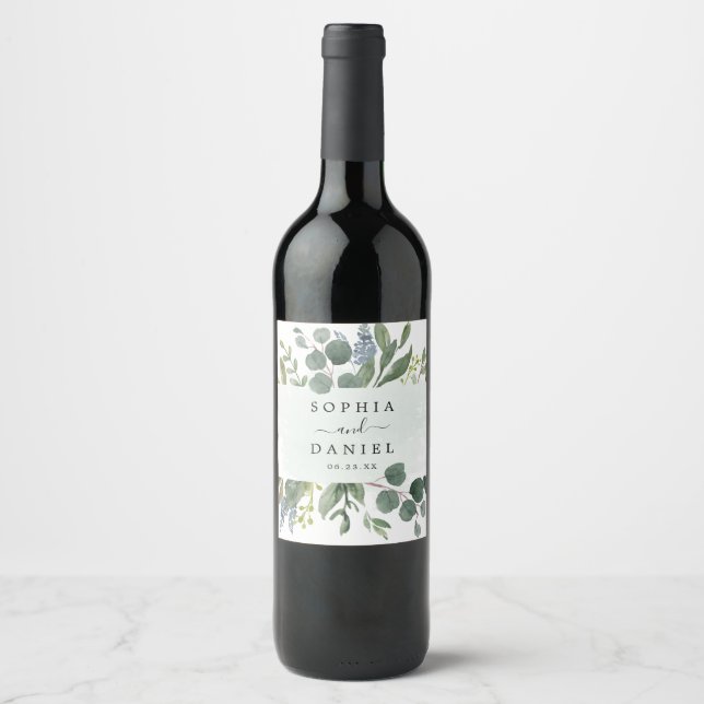 Rótulos de Vinho Eucalyptus de Casamento Dusty Blu (Frente)