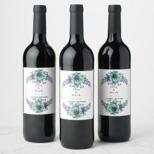 Rótulos de vinho florais em aquarela verde e roxo