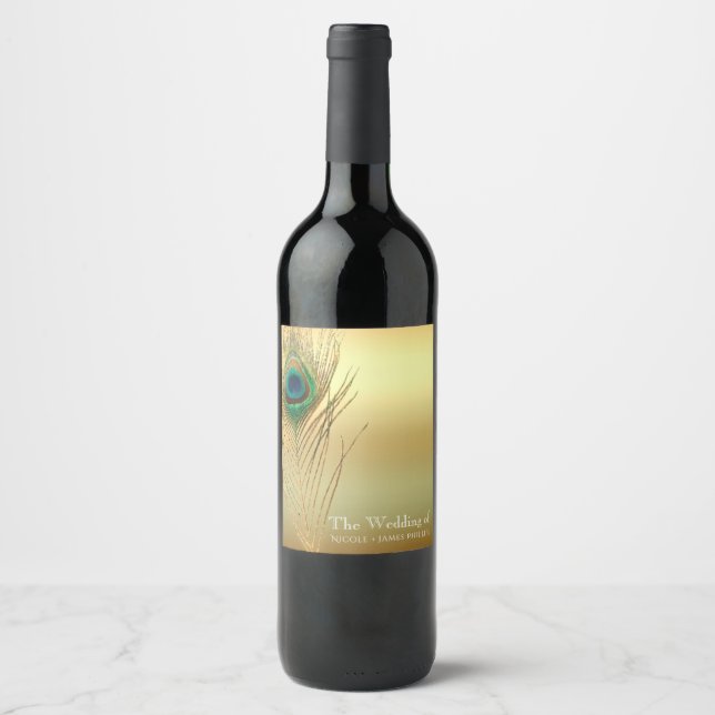 Rótulos de vinho Peacock Feather Gold Exótico Boho (Frente)