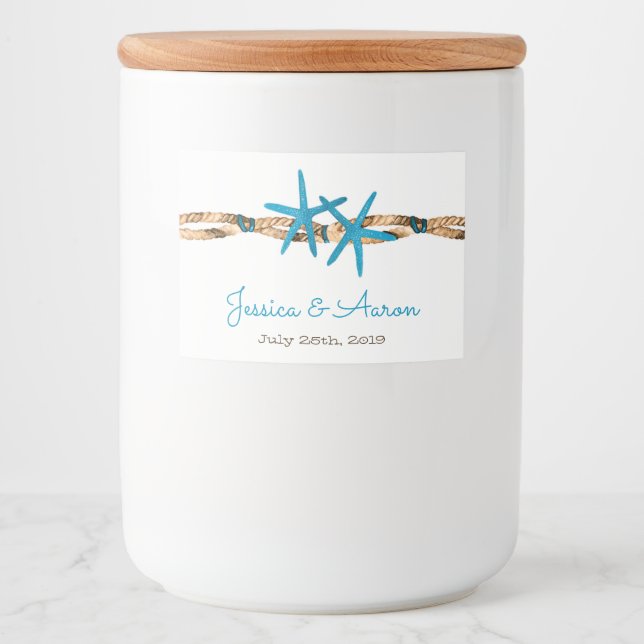 Rótulos Para Comida Casamento Aqua Starfish e Rope Náutico (Frente)