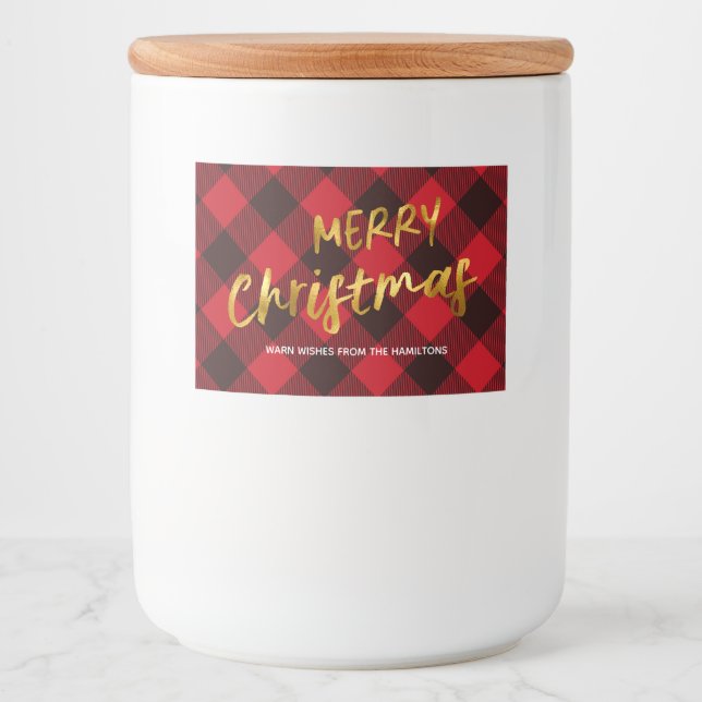 Rótulos Para Comida Natal em Xadrez Vermelho de Búfalo e Letra Dourada (Frente)