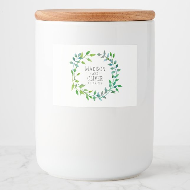 Rótulos Para Comida Watercolor Green Leaf Wreath | Casamento (Frente)