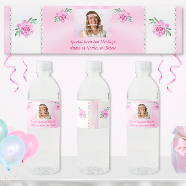 Rótulos Personalizados de Garrafa de Água para Ani (Pink Water Bottle Labels. Pink birthday party supplies. Photo, Personalized water bottle labels.)